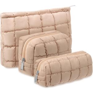 3 Pcs Puffy Makeup Bag Quilted Cosmetic Pouch for Women Cute Checkered Travel Toiletry Bag Puffer Makeup Organizer Purse Pouch Preppy Pencil Case with Zipper (Khaki)
