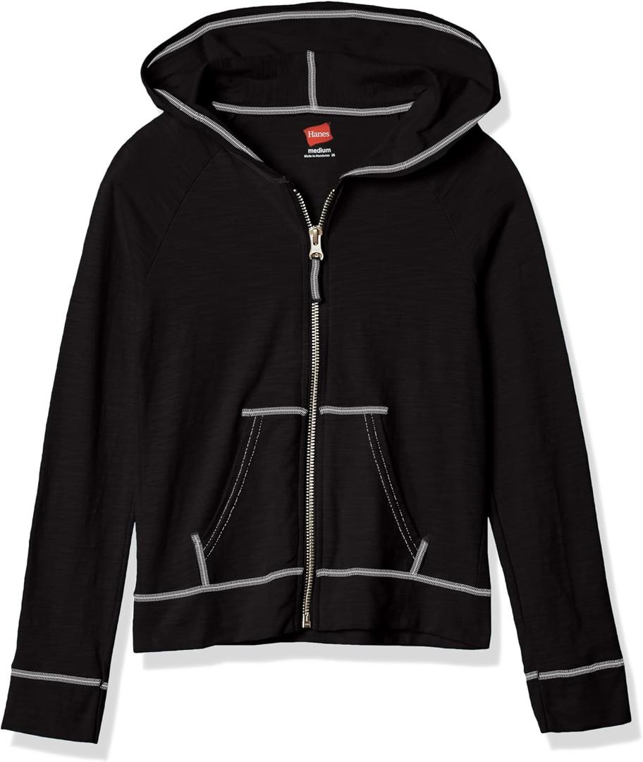 Hanes Girls' Slub Jersey Full Zip Jacket (Medium, Black)