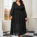 SCOMCHIC Womens Plus Size Formal Dresses Chiffon Wedding Guest Long Sleeve V Neck Smocked Flowy Slit Maxi Dress