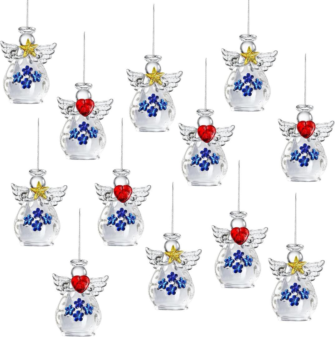 Mini Glass Angel Christmas Ornaments for Tree, 1.6" Small Crystal Guardian Angel Ornament Bulk for Christmas Tree, 2025 Hand Blown Spun Glass Home Decor Xmas Gift (Flower), Set of 12