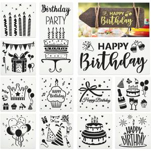 Xuniea 12 Piece Birthday Stencils - Happy Birthday Templates & Cake Candle Pattern for Drawing, Card Making & DIY Decor
