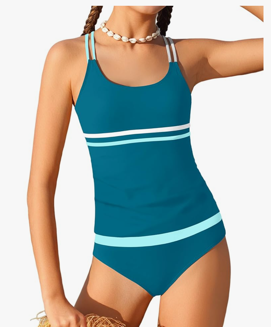 CRISONE Girls Tankini Swimsuits 2 Piece Modest Bathing Suit Color Block Swimwear Set for Girls 13-14 Years Blue+white