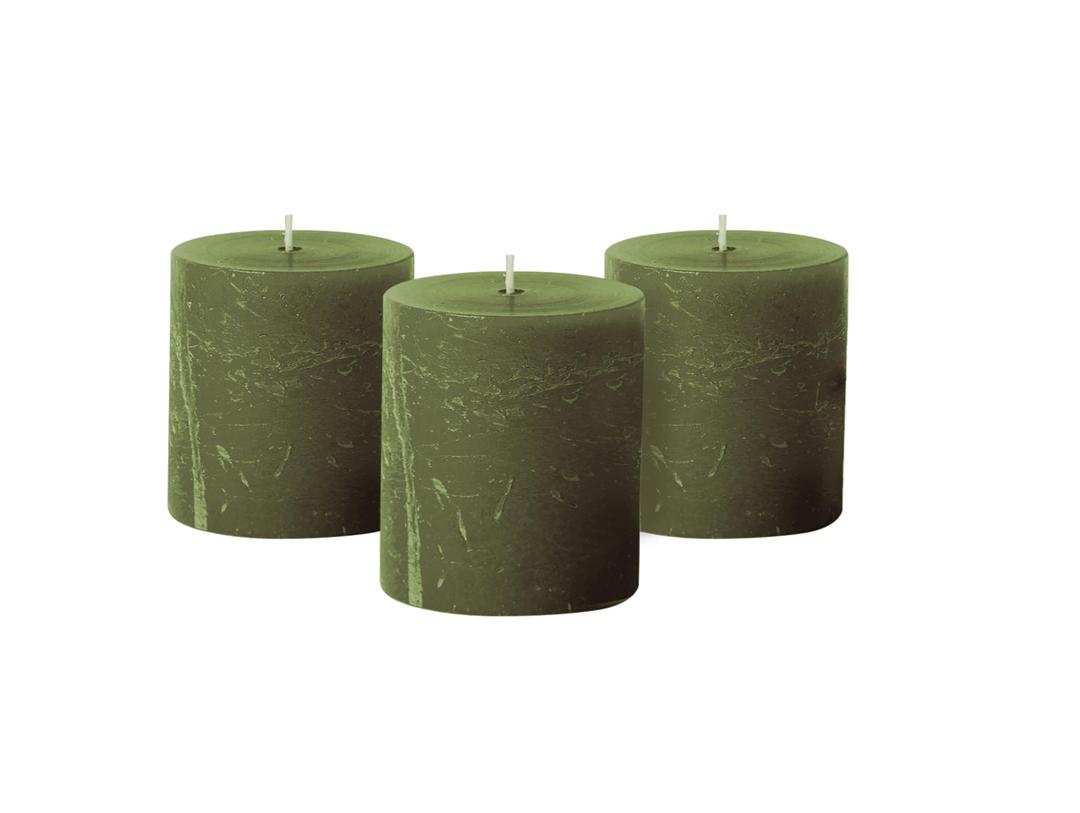 Simply Soson 3x3 inch Dark Moss Green Pillar Candles Set of 3, Rustic Texture, Unscented Green Candles, Dripless Candles, 3 inch Pillar Candles for Wedding Parties Spas Dinner Home Decoration Church