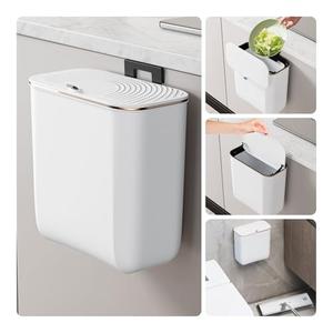 LAIMEQAY 2.4 Gallon Hanging Trash Can - Small Under Sink Trash Can with Lid, Wall Mounted Garbage Bin for Kitchen & Bathroom Cupboard, Odor-Control, Extended Clamping Ring, White (2.44"L x 5.82"W x 10.47"H)