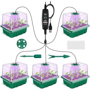 GOONMMILL Seed Starter Tray with Timed Grow Light, 5 Packs Plant Starter Tray Seedling Starter Kit with Humidity Domes Base Indoor Greenhouse Mini Propagator Station for Seeds Growing Starting
