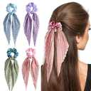 Ouliget Silky Satin Hair Scarf Scrunchies for Women,Sweet Soft Shiny Hair Band Hair Accessories,Bohemia Knotted Bow Ribbon Elastic Hair Scrunchies, 4 Pieces