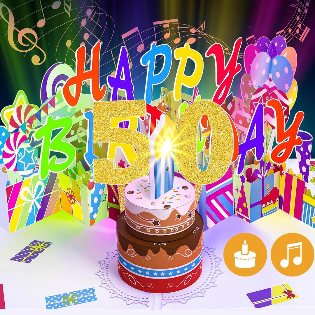 Gumry 50TH Musical Birthday PopUp Card, Blowable Colorful Light Candle 3D Cards with Song, Applause Cheers Sound, Greeting Cards Birthday Gifts Decorations for Women Men Turning 50 Years Old