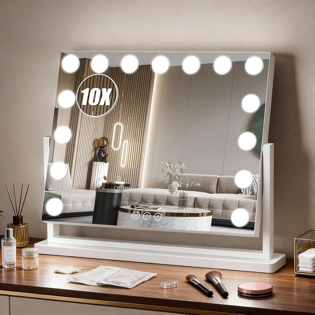 Vanity Mirror with Lights, 23"×17" Hollywood Makeup Mirror with 15 Dimmable Bulbs, 3-Color Lighting, Dimmable, 360° Rotation, 10x Magnification, Desk Mirror, Bedroom (White)