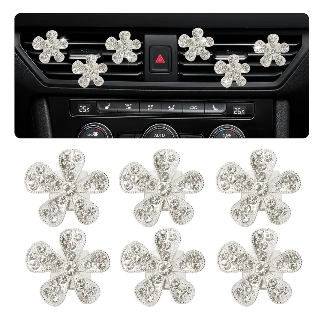 6PCS Rhinestone Flower Car Vent Clips,Cute Car Air Vent Clips for Dashboard Decorations,Shining Vehicle Accessories Interior Clip Used on Auto SUV Vents for Women Girls (Silver)
