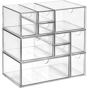 Cosmetic Desk Stackable Storage, Clear Plastic Drawer Storage With 10 Drawers, 4 Different Sizes, Suitable For Desktop, Cosmetics, Pens, Stationery, Jewelry, Crafts Storage And Organization