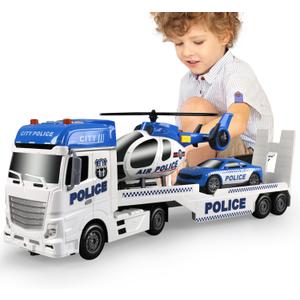Dwi Dowellin Toddler Boy Toys for 3 4 5 6 Year Old, 25" Semi Truck Toy with Racing Car and Helicopter - Police Toys,Birthday Gifts for Kids Child 2 3 4 5 6 Years Old