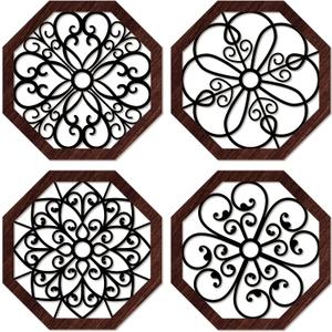 4 Pieces Thicken Rustic Wood Wall Decor Modern Farmhouse Wall Art Decor Wooden Hollow Carved Design Rustic Art for Living Room Bedroom Office Kitchen (Classic Style) (9.8 x 9.8 Inch, Dark Brown)