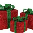 Northlight 32282565 Lighted Sparkling Red Sisal Gift Boxes Christmas Yard Art Decorations - Set of 3