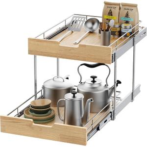 Sikarou Pull Out Cabinet Organizer,Heavy-Duty Slide Out Shelf, Wood and Wire Basket, Pull Out Drawer for for Kitchen Under Sink Space, Pantry, Bathroom, 2 Tie 14 * 21 in