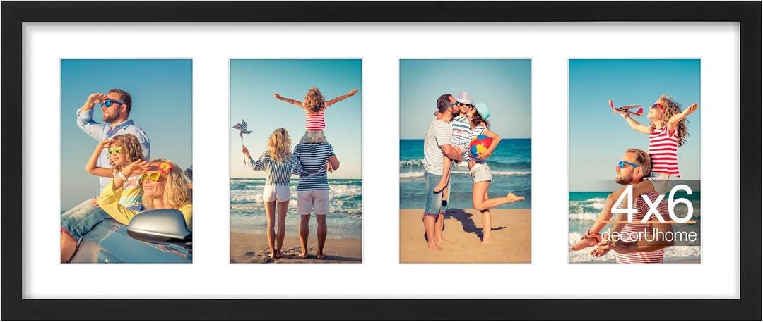 decorUhome 4 4x6 Picture frames Collage Wall Decor with Mat, Black, 8x20