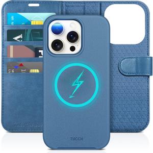 TUCCH Wallet Case for iPhone 15 Pro, [Removable] 2-in-1 Stand RFID Blocking 4 Card Slot Wireless Charging Protective Case, Magnetic PU Leather Detachable Folio Compatible with iPhone 15 Pro, Lake Blue
