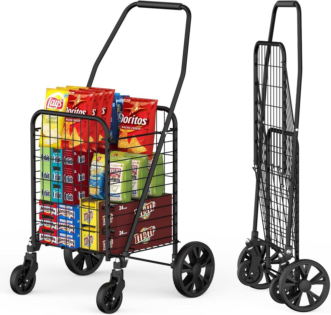 Grocery Shopping Cart with 360 Rolling Swivel Wheels, 110LBS Capacity Heavy Duty Collapsible Utility Cart, Light Weight Trolley for Laundry,Groceries,Travel (Medium, Black)