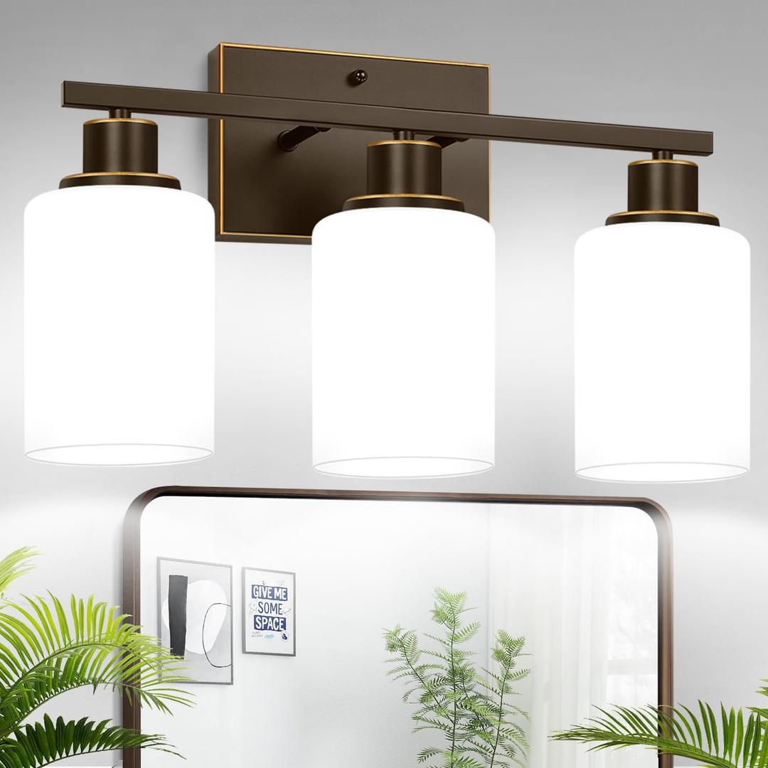 3-Light Bathroom Light Fixtures, Vanity Light with Milky White Shades, Oil-Rubbed Bronze Bathroom Light Fixtures Over Mirror, Modern Bathroom Wall Lamp for Mirror Living Room Cabinet Bedroom (Brown and Gold)