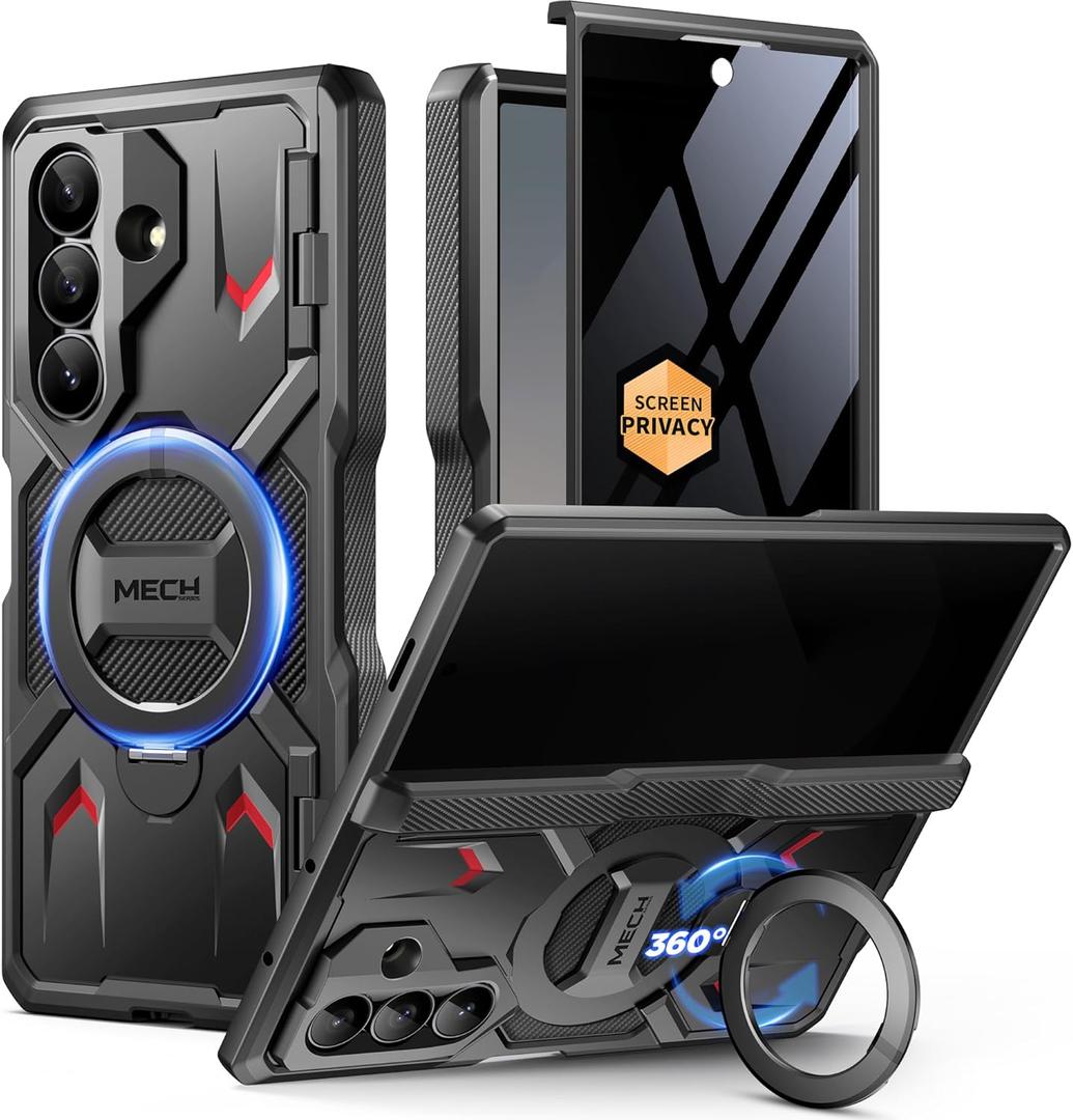 TONGATE 360 Spin Magnetic Stand for Z Fold 7 Case with Privacy Screen Protector, [Compatible with Magsafe] [Anti Spy] [360 Ring Holder]Full-Body Shockproof Case for Samsung Galaxy Z Fold 7, TiBlack