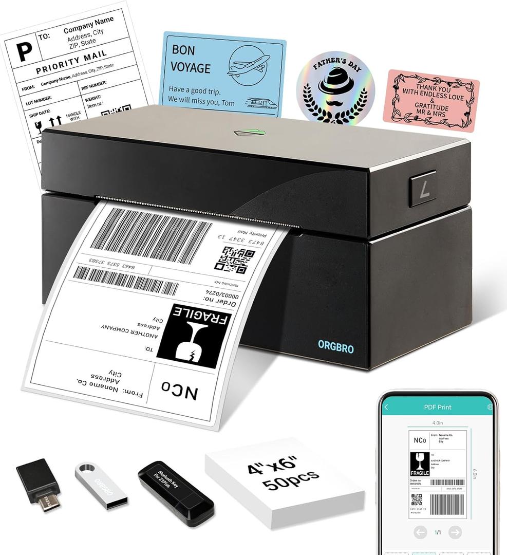 ORGBRO Bluetooth Thermal Shipping Label Printer, Z1-Plus Wireless 4X6 Shipping Label Printer for Small Business Office or Home Support iPhone Android Windows macOS Chrome Amazon Ebay Shopify USPS (Black)