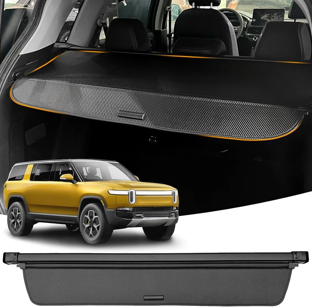 Retractable Cargo Cover for 2022-2024 Rivian R1S, Rear Trunk Cover Compatible with Rivian R1S 2022 2023 2024 Security Shielding Shade No Gap Car Accessory Black, Carbon Fiber