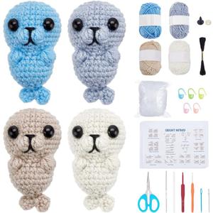 ACRNIGHEET Crochet Kit for Beginners Crochet Starter Kits Gift Makes 4 Seals Knitting Kit for Adult Amigurumi Craft Knitting Crochet Animals Kits Learn to Crochet with Step-by-Step Video Tutorials