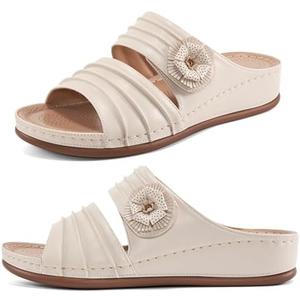 HARENCE Sandals for Women Wedge Slides: Comfortable Summer Beach Platform Shoes with Flowers Dressy Memory Foam Slip On Slide Sandals Size 42