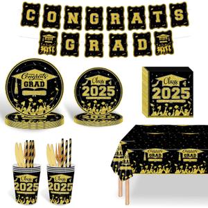 2025 Graduation Party Supplies 171 Pcs Graduation Party Dinnerware Set Disposable Paper Plates Napkins Cups Tablecloth Banner for Congrats Grad Party Decorations, Serve 24
