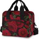 Insulated Lunch Bag for Women Men Red Rose Flower Floral Lunch Box Reusable Lunch Cooler Bag Large Lunch Tote Bag for Work Picnic Travel School