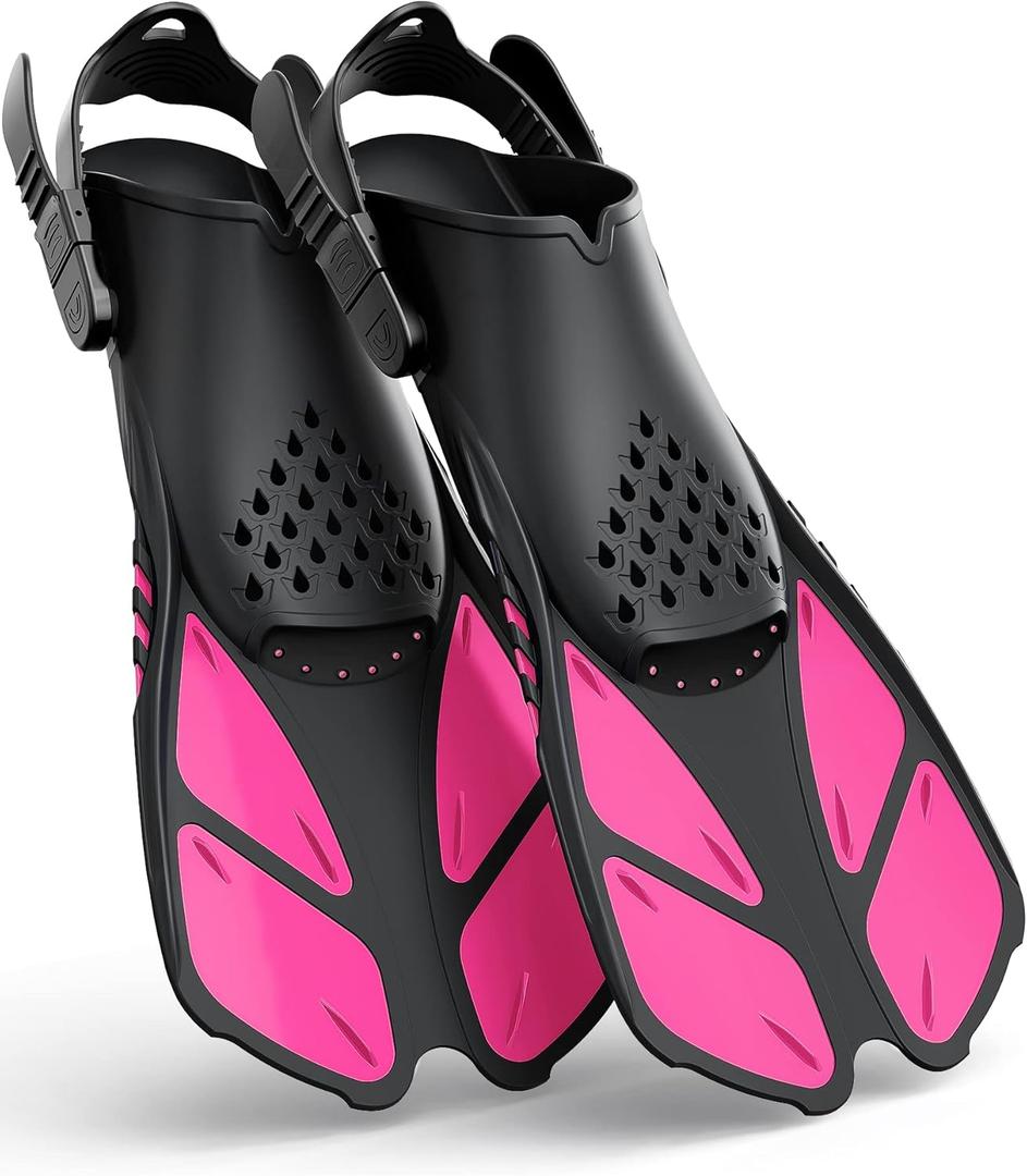 Greatever Snorkel Fins Adjustable Buckles Open Heel Swim Flippers Travel Size Short Swim Fins for Snorkeling Diving Swimming Adult Men Womens (Pink)