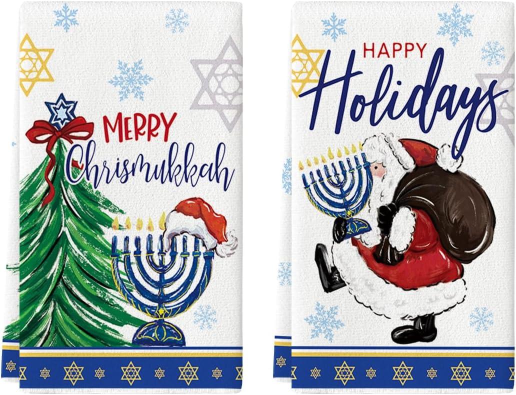 Artoid Mode Santa Claus Candle Hanukkah Kitchen Towels Dish Towels, 18x26 Inch Farmhouse Xmas Trees Decoration Hand Towels Set of 2