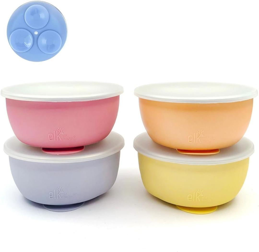 Elk and Friends Stainless Steel Bowls with Silicone Sleeve for Babies & Toddlers | Lids Included | Stay Put Suction | Cereal & Snack Bowls | 4 Pack, Width 4.7/12cm, Height 2/5cm