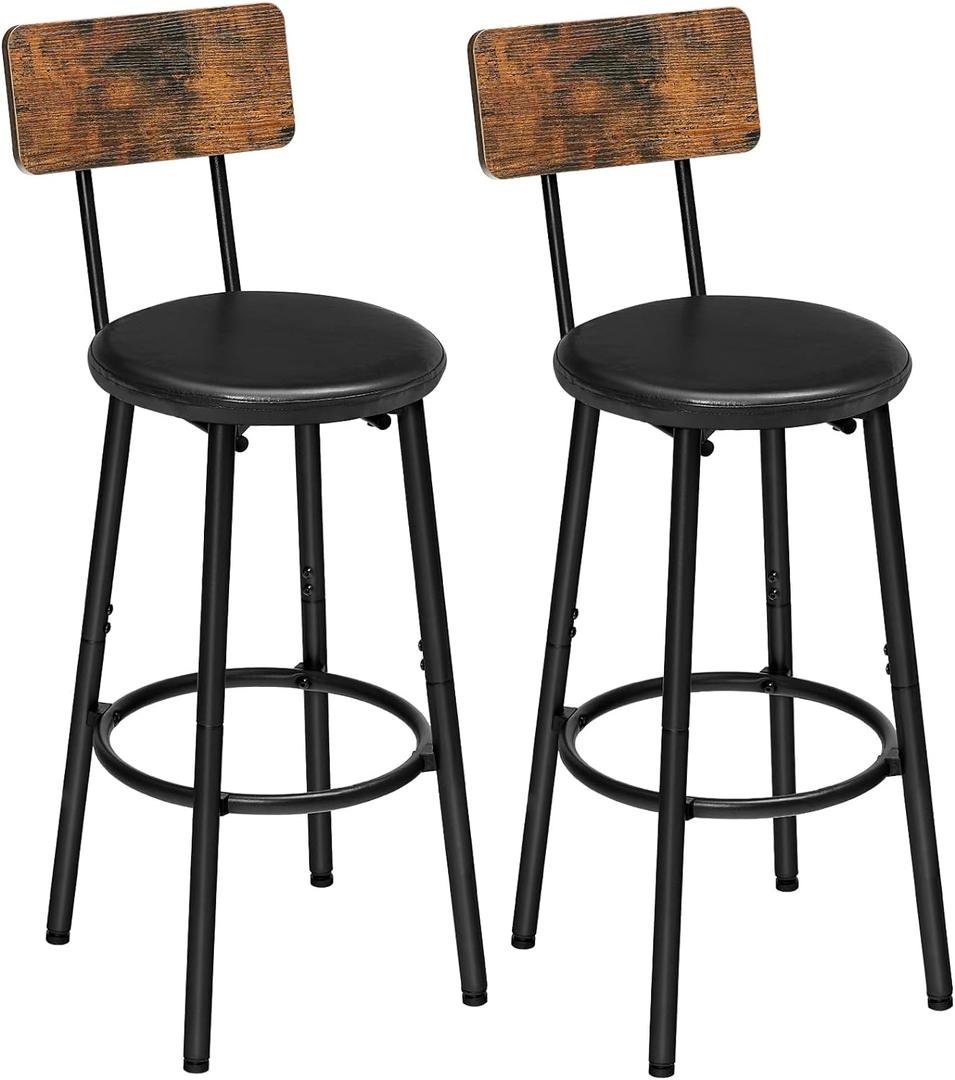 HOOBRO Bar Stools, Bar Stools Set of 2 with PU Upholstered, Bar Chairs with Footrest and Back, 26" Bar Stools for Kitchen Island, Dining Room, Easy to Assemble, Rustic Brown and Black BF31BY01G1