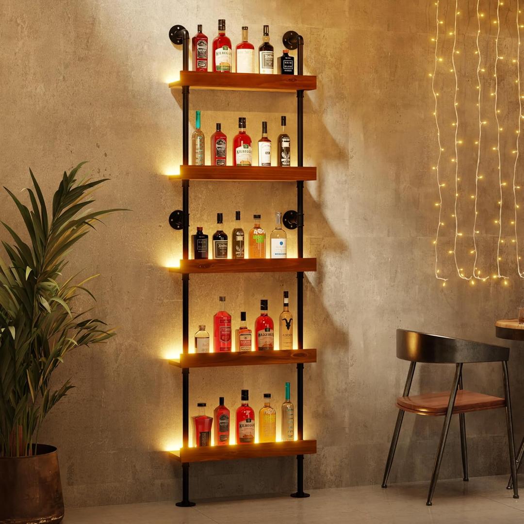 Wall Mounted Wine Rack with LED Light, LED Industrial Pipe Liquor Bar Shelves, 5-Tier Rustic Hanging Organizer for Wine Bottle Storage in Kitchen, Bar, Pub, Cellar (Walnut Brown, 24 Inch)