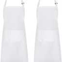 Syntus 2 Pack Adjustable Bib Apron Waterdrop Resistant with 2 Pockets Cooking Kitchen Aprons for Women Men Chef (Basic White)
