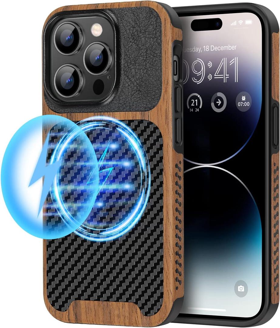 TENDLIN Magnetic Case Compatible with iPhone 14 Pro Case Wood Grain with Carbon Fiber Texture Design Leather Hybrid Slim Cover (Compatible with MagSafe)