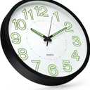 Bakbrand Night Light Wall Clock 12 Inch Non-Ticking Silent Luminous Decor Clock White Round Glow in The Dark Battery Operated Wall Clocks for Home/Garage/Office/Living Room/Bedroom/Kitchen