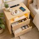 Fluted Nightstand with Charging Station & LED Light, 2 Drawer Bedside Table with Open Shelf, Modern Mid Century End Table with USB Outlet for Bedroom, Small Spaces, Oak, 18.5" x 11.8" x 25.6"
