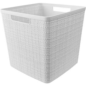 Curver Jute Decorative Plastic Organization and Storage Basket Perfect Bins for Home Office, Closet Shelves, Kitchen Pantry and All Bedroom Essentials, White, Large Cube, Set of 1