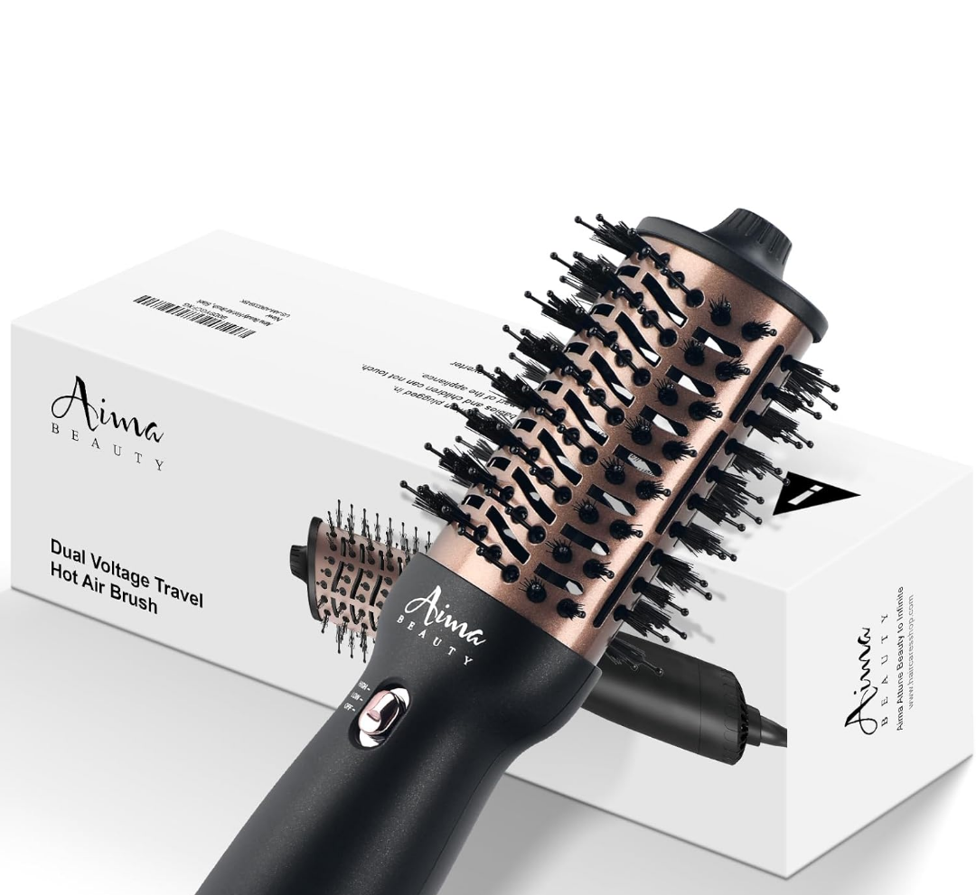 Aima Beauty 4 in 1 Worldwide Travel Hot Air Brush Dual Voltage Blowout Brush Oval Shape One Step Hair Volumizer Straightener Blow Dryer Brush Negative Ionic Lock Moisture Gift 360° Swivel Cord Black