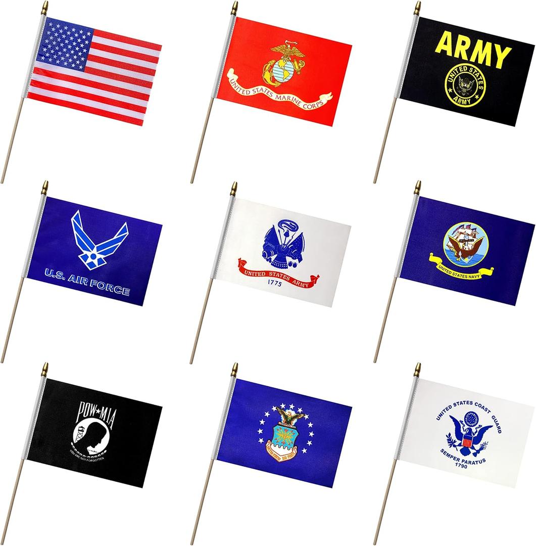 Military Flag Set Small Mini Army Armed Forces Hand Held Flags on Wooden Stick for Memorial Day, Veterans Day, 5x8 Inch, 20 Pack