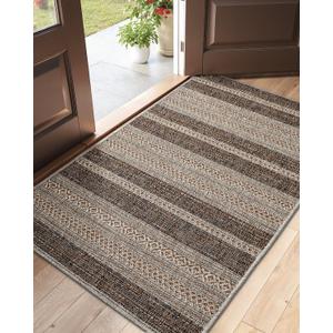 DEXI Dirt Trapper Door Mat, 31x48 Washable Doormat, Dirt Resistant and Absorbent, Easy Clean Low-Profile Floor Rugs for Entryway, Front Door, and Inside Entrance, Striped Brown
