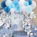 Epakh 23 Pcs Blue Toile De Jouy Baby Shower Decoration Pre-strung Vintage Blue Pink Toile De Jouy Sign with Honeycomb Ball Paper Flower Lantern Fan Hanging Swirl for Boy Baby Shower Decoration