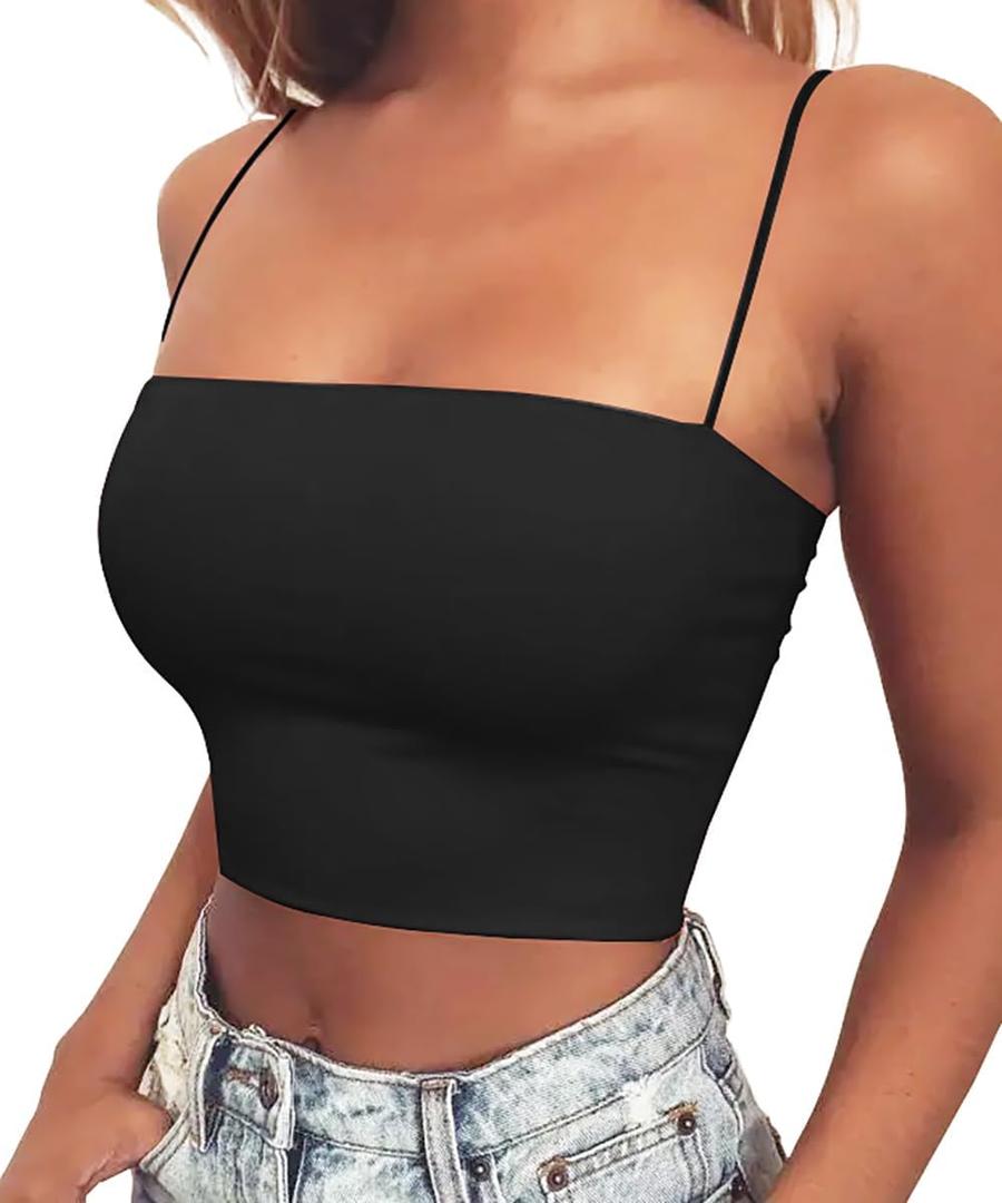 Women's Basic Spaghetti Strap Crop Top Camisole Y2k Sleeveless Tube Sexy Cami Shirts Tank Tops (Black, M)