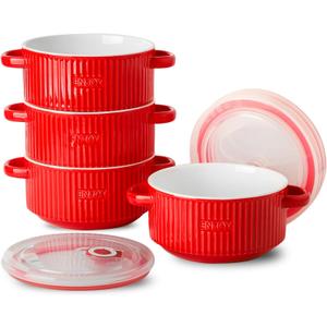 Soup Bowl with Handle, Ceramic French Onion Soup Bowl with Lid, Microwavable Bowls with Lid Set of 4 for Soup, Cereal, Oatmeal, Red