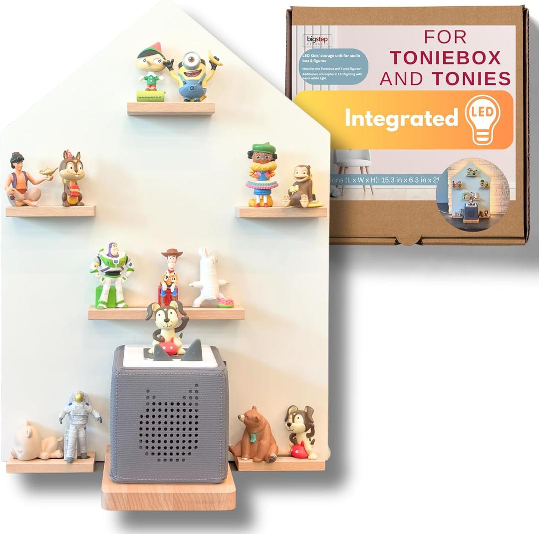 BigStep Large LED Magnetic Shelf for Tonies - Compatible with Toniebox and Tonies Characters - Metal Strips on Top and Bottom - Hang on Wall or Use Free Standing - Comparable to Tonies Shelf