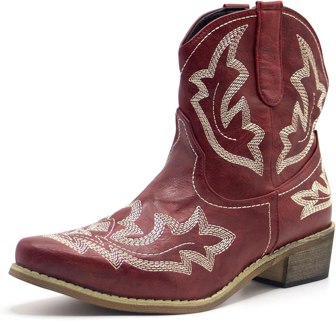 Cowboy Boots for Women Cowgirl Western Ankle Booties Pointed Toe Low Chunky Heel Embroidered Classic Short Boots, 8.5, Wine Red