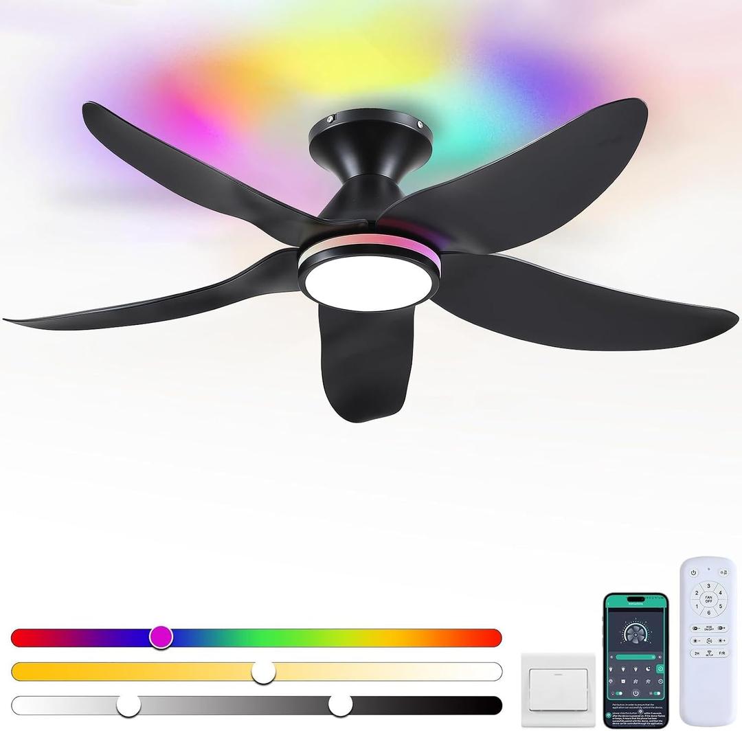 46" Ceiling Fans with Lights Remote/APP Control, Low Profile Ceiling Fans with Dimmable White Colors+Ring RGB Lights, 6 Speeds 5 Reversible Curved Blades for Kids Room Bedroom Living Room Bar, Black