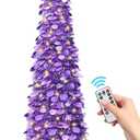 SINTENILL 6 FT Pop Up Christmas Tree with 100 LED Timer Lights & Remote, Purple Collapsible Christmas Tinsel Tree Artificial Pencil Tree Xmas Decoration for Holiday Home Office Party, USB Powered
