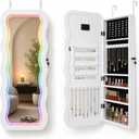 Fiqevs Wall/Door Mirror Jewelry Cabinet, Remote Control RGB Lighted Mirror | Over Door Hanging Jewelry Organizer with Full-Length Mirror and Storage, Wavy Lockable Jewelry Armoire, White